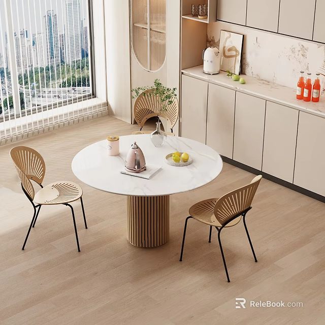 Modern Round Dining Table Set With Woven Chairs White Tabletop And Wooden Base 3d model