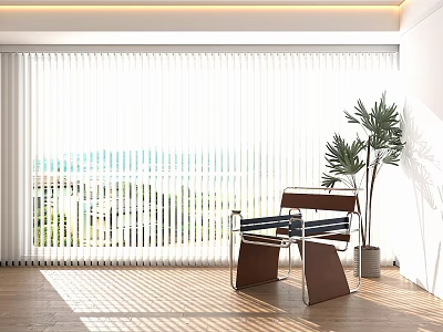 White Vertical Blinds In Indoor Space With Sea View Natural Light Wooden Floor And Plant 3d model