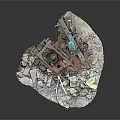 Abandoned Mechanical Structure With Rusted Parts Debris And Stone Fragments On Ruined Base