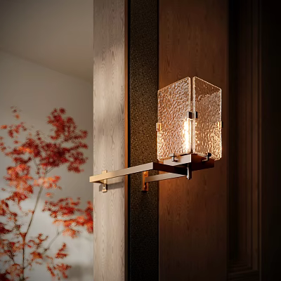 Modern Glass Shade Wall Sconce With Metal Bracket On Wooden Wall And Red Maple Leaves 3d model