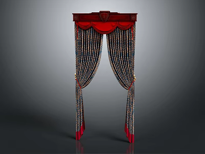 Ornate Red And Blue Curtain With Decorative Top And Elegant Drapes 3d model