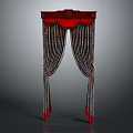 Ornate Red And Blue Curtain With Decorative Top And Elegant Drapes