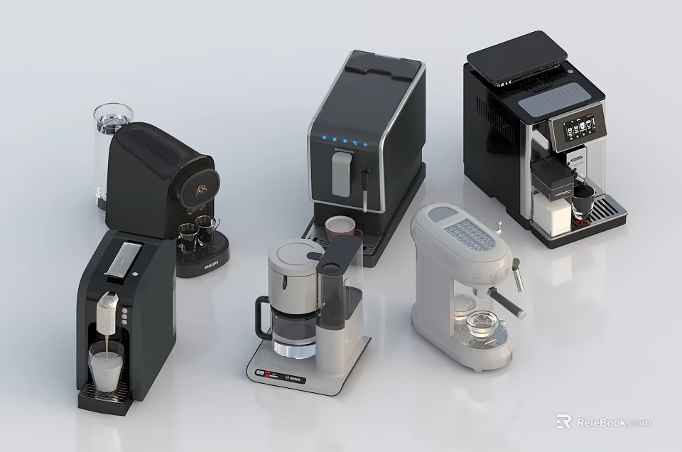Modern Kitchen Appliances Featuring Different Types Of Coffee Makers And Small Devices 3d model 