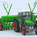 Green Agricultural Functional Tractor With Mounted Seeder Red Wheels And Warning Signs