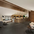 Modern Lounge Area Interior With Wooden Bar Counter High Stools Hanging Lights And Green Plant