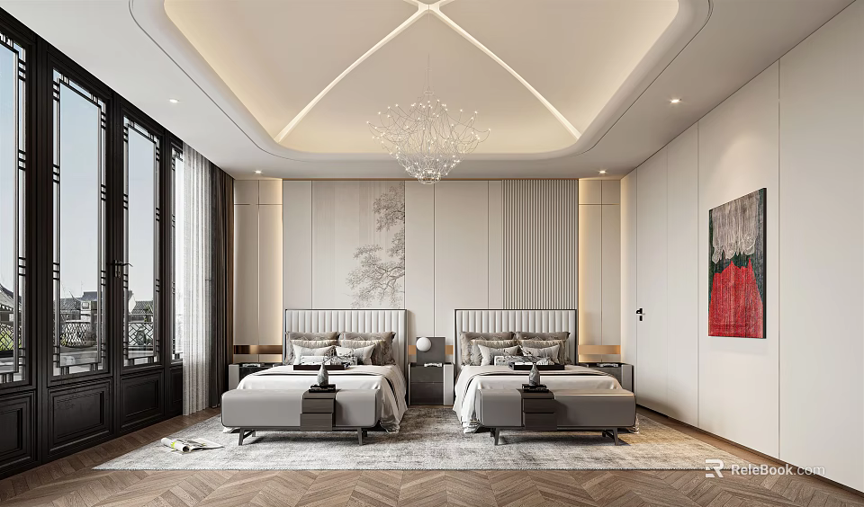 Modern Luxury Bedroom Interior With Two Beds Chandelier Rug And Decorative Painting 3d model 