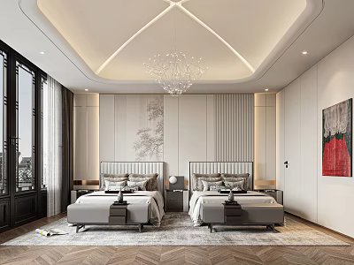 Modern Luxury Bedroom Interior With Two Beds Chandelier Rug And Decorative Painting 3d model