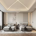 Modern Luxury Bedroom Interior With Two Beds Chandelier Rug And Decorative Painting