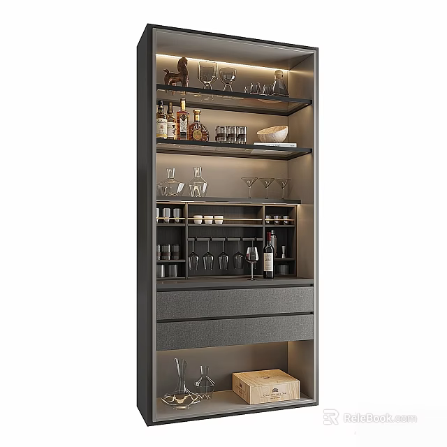 Modern Storage Cabinet with Wine Glasses Wine Bottles Shelves and Drawers 3d model 