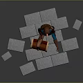 Game Movie Character In Blue Red Outfit Standing On Wooden Treasure Chest With Gray Blocks
