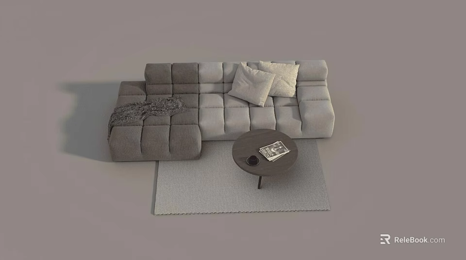 Modular Gray Sofa With Light Gray Sections Pillows Blanket Round Coffee Table Magazine And Rug 3d model