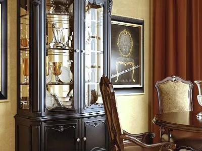 Classic Wooden Wine Cabinet With Glass Doors And Wine Glasses In Dining Room 3d model