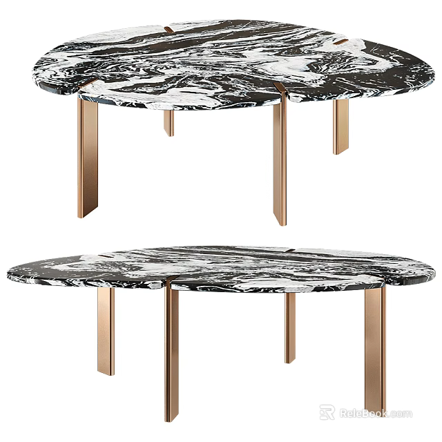Modern Coffee Table With Black White Marble Top And Brass Metal Legs 3d model 