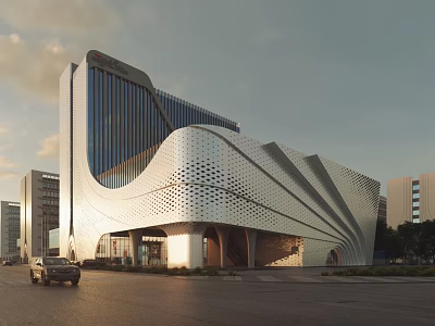 Modern Museum Building with Unique Curved Metal Structure Glass Curtain Wall and Open Entrance Design 3d model