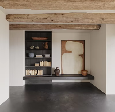 Decorative Cabinet With Wooden Beams Artwork On Wall And Books Vase Decor 3d model