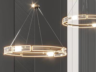 Modern Circular Chandeliers With Illuminated Metallic Frame And Striped Wall Background 3d model