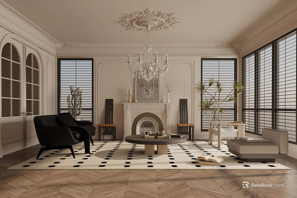 Classic Living Room Interior With Ceiling Decor Chandelier Fireplace Black Armchairs And Striped Blinds 3d model 