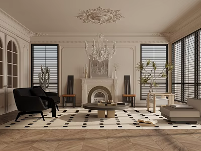 Classic Living Room Interior With Ceiling Decor Chandelier Fireplace Black Armchairs And Striped Blinds 3d model
