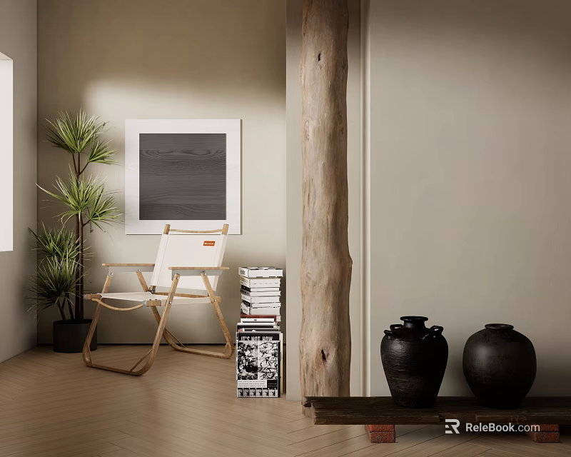 Natural Style Leisure Chair With Potted Plant Stacked Books And Ceramic Vases 3d model 