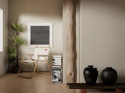 Natural Style Leisure Chair With Potted Plant Stacked Books And Ceramic Vases 3d model