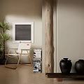 Natural Style Leisure Chair With Potted Plant Stacked Books And Ceramic Vases