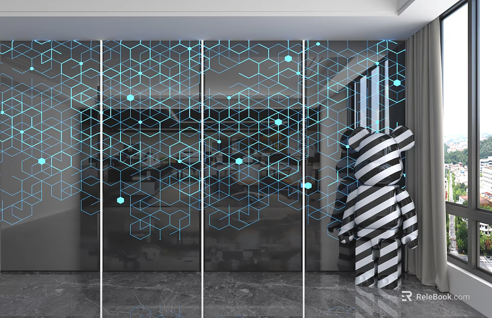 Modern Wall Panel Design With Hexagonal Pattern And Blue Lines In Contemporary Room 3d model 