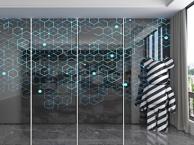 Modern Wall Panel Design With Hexagonal Pattern And Blue Lines In Contemporary Room 3d model