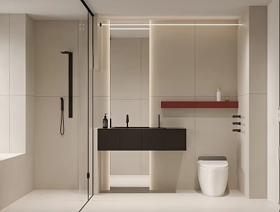 Modern Bathroom Interior Design With Black Vanity Backlit Mirror And White Toilet Glass Shower Partition 3d model