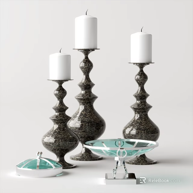 Tall Decorative Candle Holders With Speckled Design And Glass Tray For Home Decor 3d model 