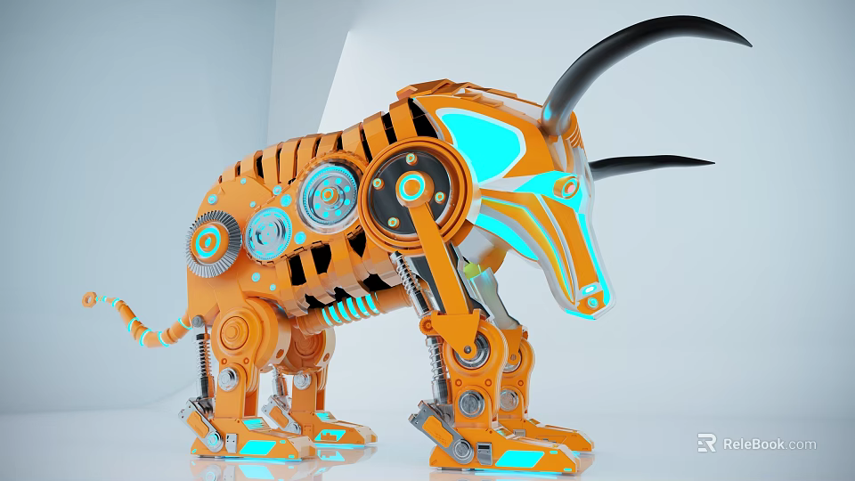 Orange Mechanical Bull Sculpture With Gears Glowing Parts And Black Horns 3d model 