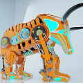 Orange Mechanical Bull Sculpture With Gears Glowing Parts And Black Horns