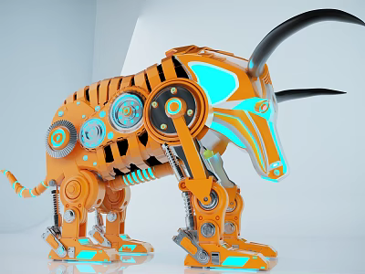 Orange Mechanical Bull Sculpture With Gears Glowing Parts And Black Horns 3d model