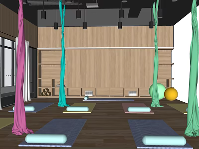 Vibrant Yoga Studio With Colorful Hammocks Yoga Mats Yellow Ball And Wooden Background 3d model