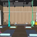 Vibrant Yoga Studio With Colorful Hammocks Yoga Mats Yellow Ball And Wooden Background