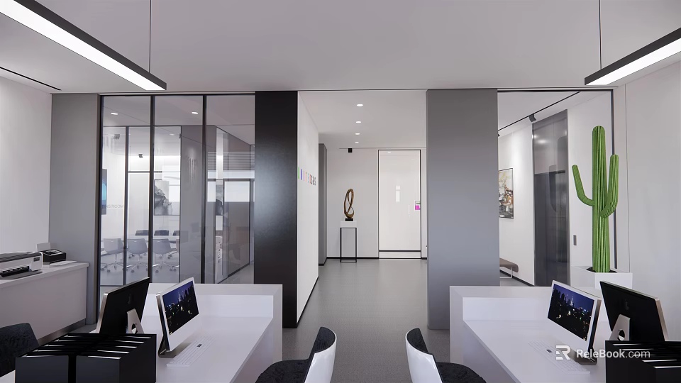 Modern Public Office Area With Glass Partitions Workstations Computers And Minimalist Design 3d model 