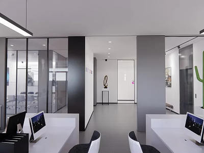 Modern Public Office Area With Glass Partitions Workstations Computers And Minimalist Design 3d model