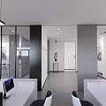 Modern Public Office Area With Glass Partitions Workstations Computers And Minimalist Design