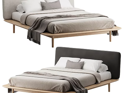 Minimalist Double Bed Interior Design With Wooden Frame Neutral Tones Pillows And Blanket 3d model