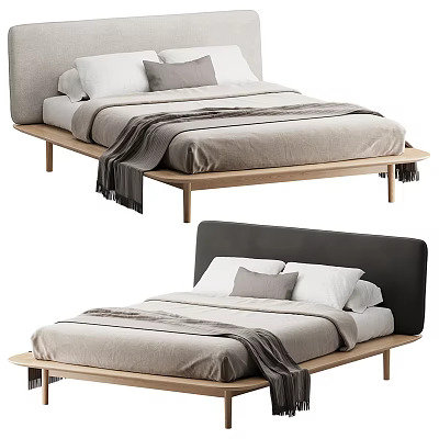 Minimalist Double Bed Interior Design With Wooden Frame Neutral Tones Pillows And Blanket 3d model