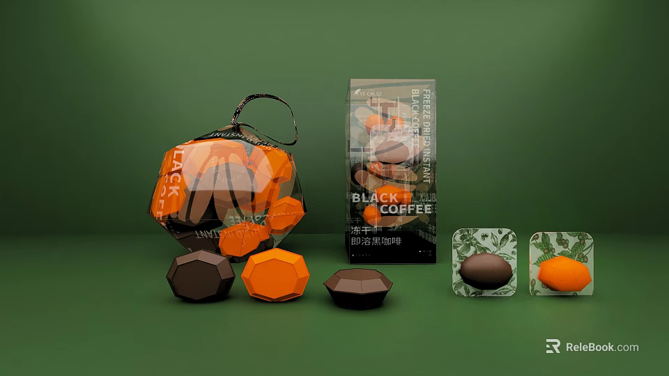 Black Coffee Beverage With Geometric Shaped Orange Brown Capsules And Transparent Bag On Green Background 3d model 