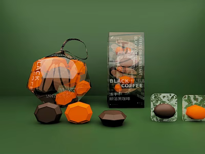Black Coffee Beverage With Geometric Shaped Orange Brown Capsules And Transparent Bag On Green Background 3d model