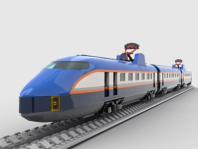 Blue Streamlined Bullet Train Model Built with Building Blocks on Railway Track 3d model