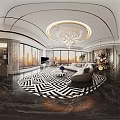 Elegant Modern Living Room With Large Windows Chandelier Sofa Coffee Table Rug And Marble Bar
