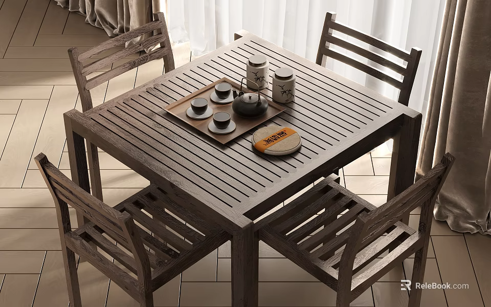 Natural Wooden Square Tea Table and Chairs with Tea Set Tray and Cake 3d model 