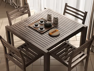 Natural Wooden Square Tea Table and Chairs with Tea Set Tray and Cake 3d model