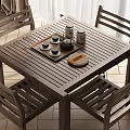 Natural Wooden Square Tea Table and Chairs with Tea Set Tray and Cake