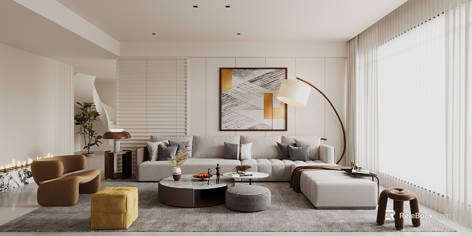 Modern Living Room Interior With Large Sofa Round Coffee Table Floor Lamp And Decorative Artwork 3d model 