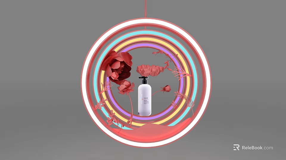Circular Display Shelf With Colorful Neon Rings White Bottle And Red Flower Decorations 3d model 