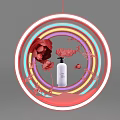 Circular Display Shelf With Colorful Neon Rings White Bottle And Red Flower Decorations