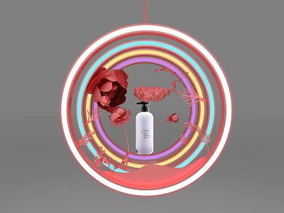 Circular Display Shelf With Colorful Neon Rings White Bottle And Red Flower Decorations 3d model